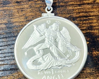1995 Isle of Man .9999 1 Troy Ounce Solid Silver Round Archangel Michael set inside 925 Sterling Silver Bezel and Stylish V-Bail
