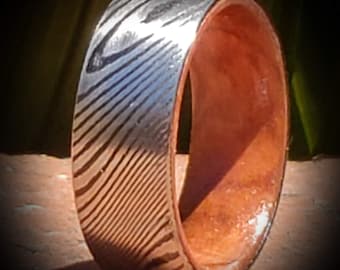 Genuine Acid Etched Damascus Steel & Bethlehem Olivewood Innerband Wedding Band | Anniversary | Fathers Day Gift (Sizes 4-16)