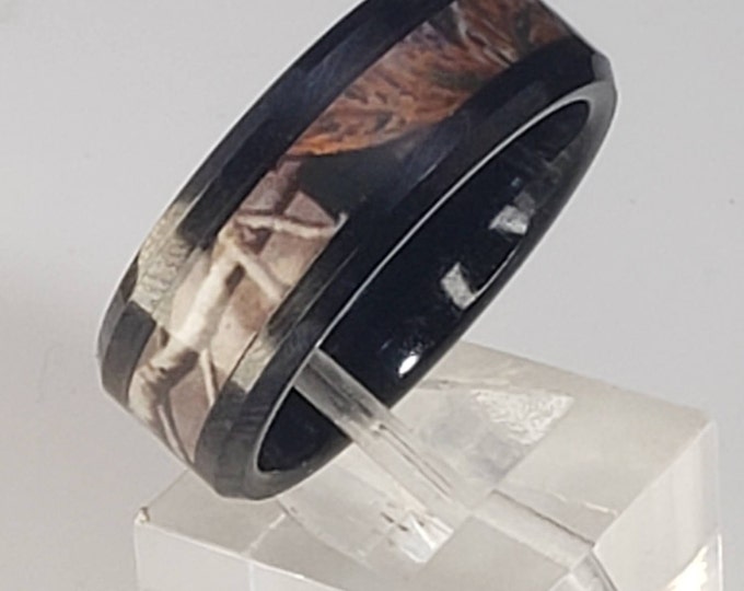 8mm Tan/Black Tungsten Carbide Camo Ring Camouflage Hunting Domed Comfort Fit Perfect for Christmas, Fathers Day or Birthday!  (Size 5-13)