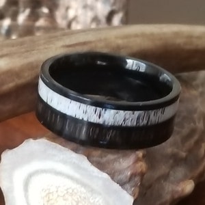 8mm White Tailed Deer Antler w/ Dark Koa Wood Inlay Ring (US Ring Sizes 4.5-14.5) Mens Band, Womens Wedding Ring Titanium Hunter Ring Band