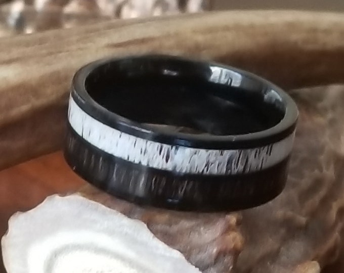 8mm White Tailed Deer Antler w/ Dark Koa Wood Inlay Ring (US Ring Sizes 4.5-14.5) Mens Band, Womens Wedding Ring Titanium Hunter Ring Band