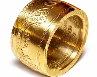 Rare 1974 Silver Dominican Republic Un Peso "DIOS PATRIA LIBERTAD" Heritage Coin Ring (12th Central American Caribbean Games) Wide Band Ring