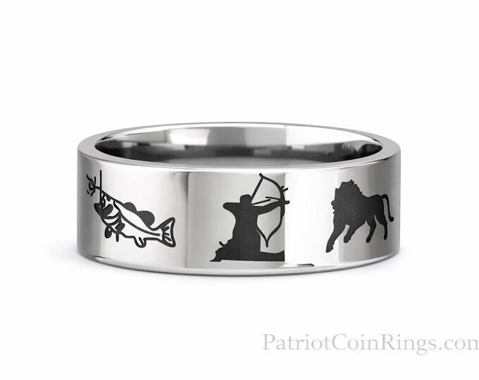 8mm Fisherman and Bow Hunters Silver Titanium Ring, Wedding Band, Engagement Ring, Bass, Bream, Deer, Wild Boar, Fishing, Fish, Sportsman