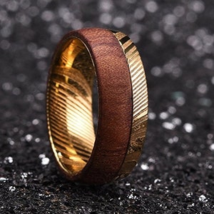 8mm Gold Warrior Damascus Steel & Rose Wood Mens Wedding Ring Dome Bold Wedding Band | Engagement | Anniversary | US Sizes 7-16