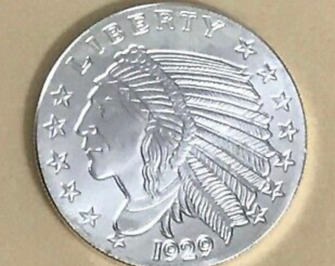 1929 Silver Incuse Indian Head Coin, 1 Troy Ounce, Metal Plating Options Available.
