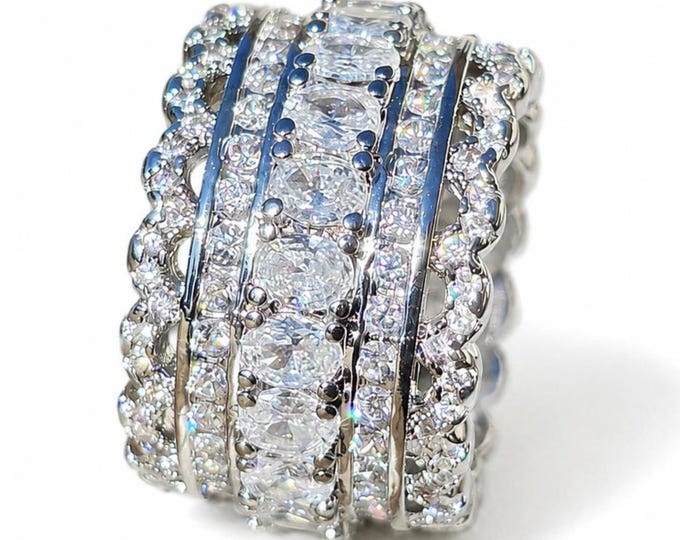 Vintage Style Princess Cut CZ Wide Wedding Band, 18K White Gold Plated Statement Ring