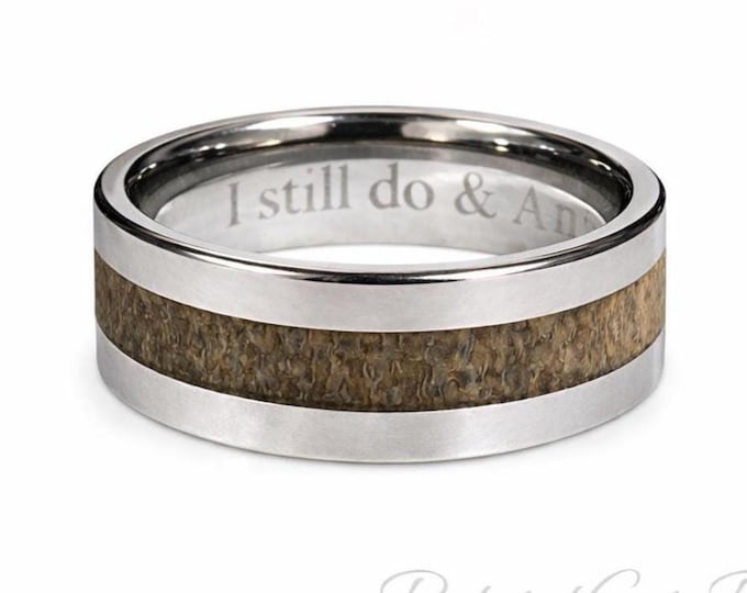 8mm Tungsten Flat Wall Ring Deer Antler Inlaid Wedding Band Flat Band Size 8-16 Mens / Womens (unisex ring) engagement, promise