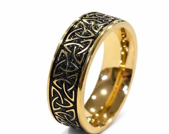 8mm Celtic 24K Gold Tungsten Trinity Wedding Band - Gold over Black Men's or Women's (anniversary, engagement, fashion) US Ring Sizes 4-18