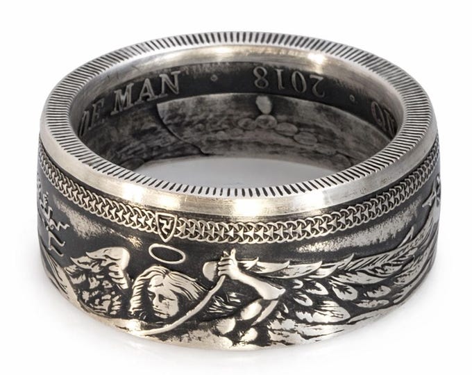 RARE 2018 Archangel Michael slaying the Beast!  Hand Crafted Ring from a Isle of Man Coin (US Size 5-18) 1 Troy Ounce .999 Pure Fine Silver