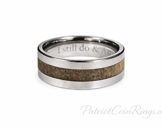 8mm Tungsten Flat Wall Ring Deer Antler Inlaid Wedding Band Flat Band Size 8-16 Mens / Womens (unisex ring) engagement, promise