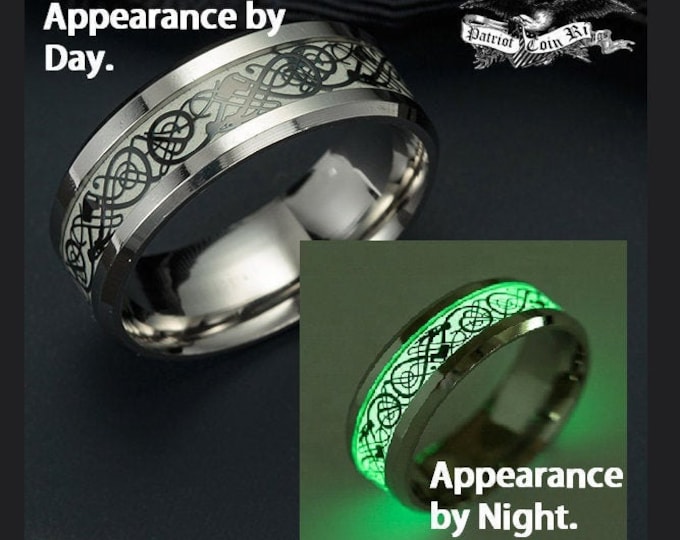 REG 199.95 Glow-In-The-Dark Ring 8mm Celtic !!!  Luminescent Green by night, Black Dragon Celtic over White by day.
