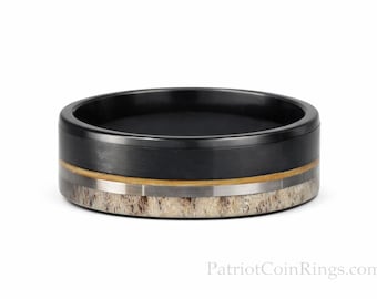 8mm Brushed Black Tungsten Carbide Band w/ Old No 7 Jack Daniels Whiskey Barrel Wood Inlay, Silver Trim & Authentic Deer Antler US Size 5-16