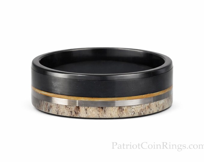 8mm Brushed Black Tungsten Carbide Band w/ Old No 7 Jack Daniels Whiskey Barrel Wood Inlay, Silver Trim & Authentic Deer Antler US Size 5-16