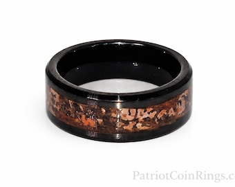 REAL T-Rex DINOSAUR Bone Ring!  Red Cell Agatized Fossil Bone | 8mm Beveled Black Ceramic Ring | Wedding Ring | Jurassic Park | US Size 3-18