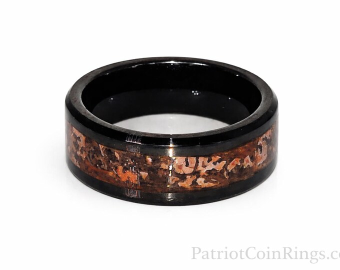 REAL T-Rex DINOSAUR Bone Ring!  Red Cell Agatized Fossil Bone | 8mm Beveled Black Ceramic Ring | Wedding Ring | Jurassic Park | US Size 3-18