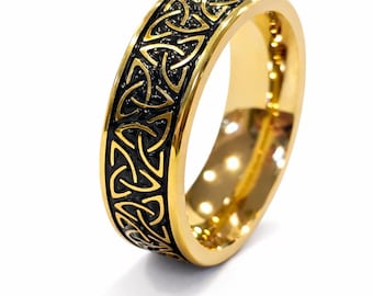 8mm Celtic 24K Gold Tungsten Trinity Wedding Band - Gold over Black Men's or Women's (anniversary, engagement, fashion) US Ring Sizes 4-18