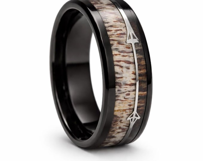 US Size 3-17 | 8mm Black Band w/ Deer Antler and Dark Zebra Wood Wood Inlay & Silver Arrow Inset - Flat Wall Design