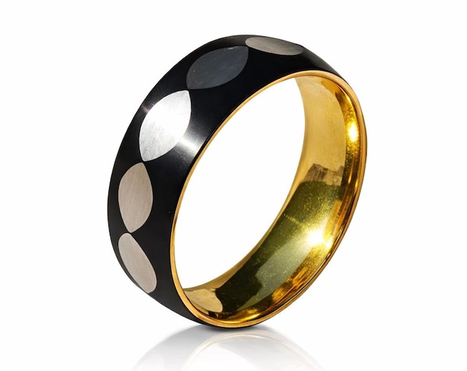 EXCITING NEW RELEASE 9mm wide Titanium Fashion Band, 18K Yellow Gold Innerband, Matte Black Exterior Band w/ Silver Facets (Sizes 6-16)