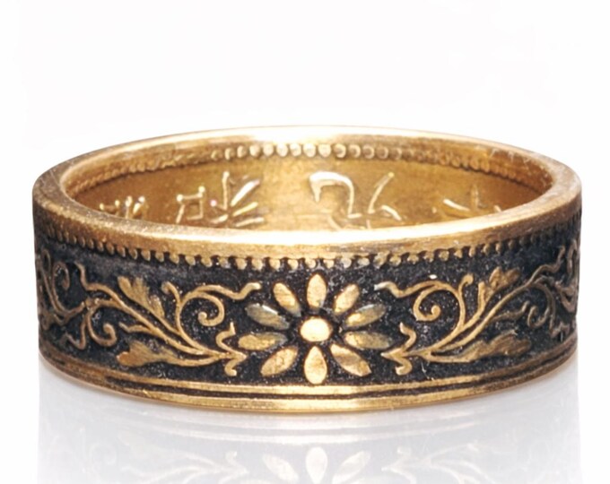 6mm Coin Ring (Bronze & Gloss Black), Japanese Jewelry, Floral Cherry Blossom Coin Ring, Paulownia 1 Sen 1916-1938 (US Size 3-14)