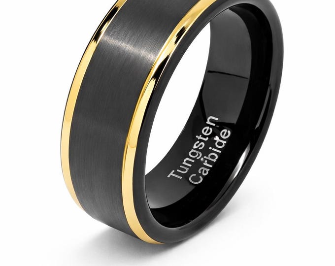 8mm Mens Black & 18k Gold Trim Tungsten Men's Wedding Ring, Engagement Band, Anniversary Ring, Fashion Ring,  (US Size 6-16)