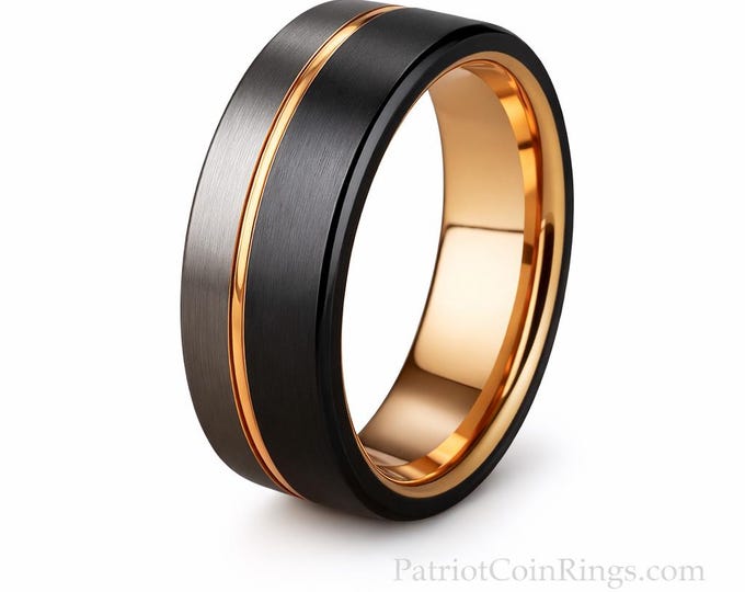 10mm (US Ring Sizes 6.5-16.0) Black & Silver Brushed Tungsten Carbide w/ 18k Rose Gold Wedding Band | Men's Wedding Bands, Engagement Rings,