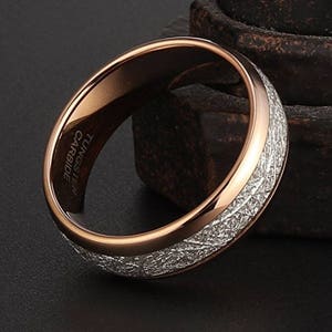 NUNCAD Men's Brown & Rose Gold Tungsten Carbide Ring – Center Groove Design With Beveled Edges For Comfort Fit Wedding Band - View #6