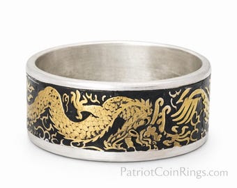 2018, 2019, 2020 Australia 1 oz Silver Double Dragon COIN RING .9999 (Random Year) Anniversary Ring, Wedding Band, Handmade Unisex Wide Band
