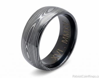 7mm Damascus Style Titanium Ring  (wedding band replacement, anniversary, gentleman's, Men, Woman, Men, Ladies, Valentines Day)