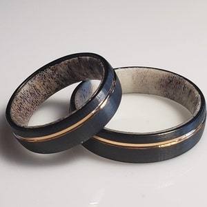 6mm Brushed Black Tungsten Carbide Band w/ 18K Rose Gold Inlay & Authentic Deer Antler Inner Band - Comfort Fit - Unisex Style US Size 5-16