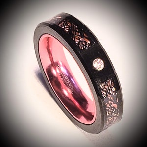 BREAST CANCER AWARENESS:  5mm Pink Carbon Fiber and Black Celtic Inlay over Black Tungsten Carbide and Pink Inner Band w Pink Cubic Zirconia