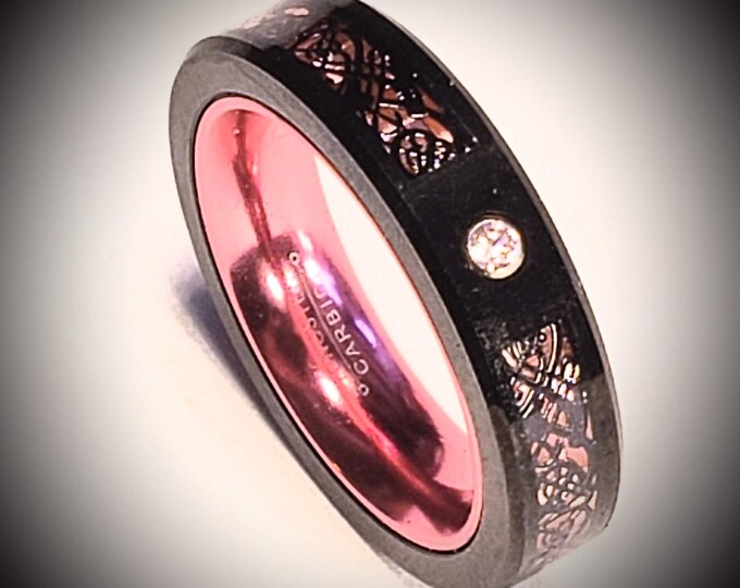 BREAST CANCER AWARENESS:  5mm Pink Carbon Fiber and Black Celtic Inlay over Black Tungsten Carbide and Pink Inner Band w Pink Cubic Zirconia