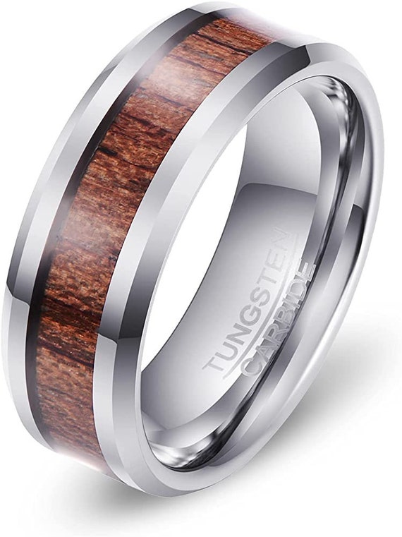 8MM Mens Tungsten Carbide Wedding Ring Band Wood Grain Cubic Zirconia Inlay Gift 