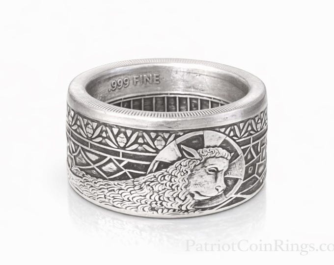 LIMITED EDITION:  "Lamb of God" Christian Coin Ring .999 Pure Silver Coin Ring (Shown in Antique Patina) Anniversary Ring, Catholic Rings