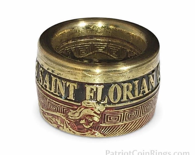 St. Florian Patron Saint of Firefighters | converted challenge Coin Ring! Powder Coated Red & Brass Option! LAFD, NYFD, military, rescue