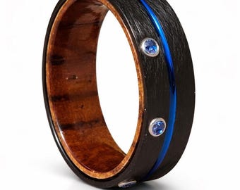 8mm Brushed Black Zirconium, Sapphire Blue CZ, Blue Channel, Comfort Fit, and Sanora Ironwood Innerband | US Size 9-12 only
