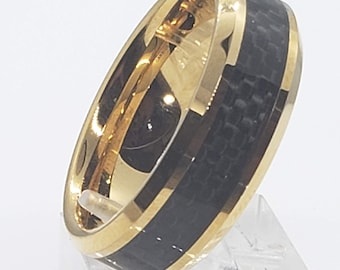 REG 299.99 - 6mm wide 18K Gold Tungsten w/ Black Carbon Fiber Inlay Ring w/ Beveled Edges (Wedding, Engagement, Anniversary) US Size 4-15