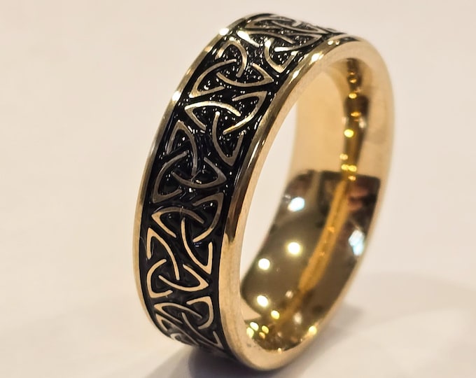 8mm Celtic 18K Gold Tungsten Trinity Wedding Band - Gold over Black Men's or Women's (anniversary, engagement, fashion) US Ring Sizes 4-18