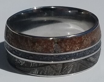 10mm Authentic Muonionalusta Meteorite & Jurassic Rare Multicolor Dinosaur Bone w/ Thin Blue Line of crushed natural lapis lazuli Stone!!