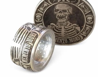 14mm WIDE .9999 Pure Silver Memento Mori (Day of the Dead) Celebration Coin Ring.  Day of Remembrance for loved ones and to Cherish Life!