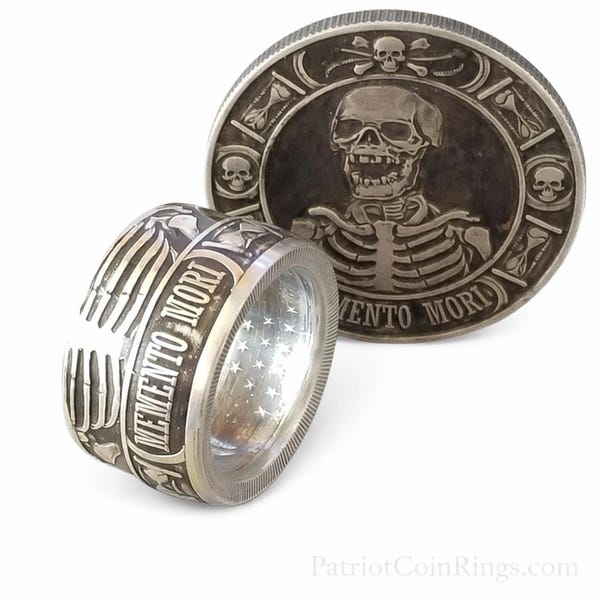 14mm WIDE .9999 Pure Silver Memento Mori (Day of the Dead) Celebration Coin Ring.  Day of Remembrance for loved ones and to Cherish Life!