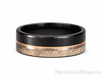8mm Black Tungsten Ring with Copper Center & Deer Antler Inlay - Wedding, Engagement, Unique High Fashion Ring (US Ring Sizes 8-14)