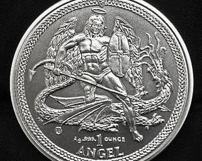 2014 Archangel Michael slaying the Dragon, Coin from Isle of Man, 1 Troy Ounce .999 Pure Fine Silver, Metal Plating Options Available.