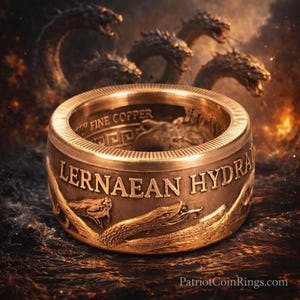 a large, ornate gold ring with the inscription "Lernaean Hydra" on it, surrounded by a fiery background with multiple snakes.