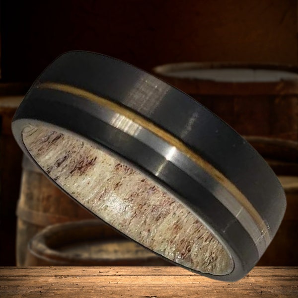 6mm Brushed Black Tungsten Carbide Band w/ Old No 7 Jack Daniels Whiskey Barrel Wood Inlay, Silver Trim & Authentic Deer Antler US Size 5-16