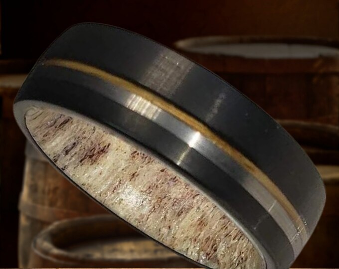 6mm Brushed Black Tungsten Carbide Band w/ Old No 7 Jack Daniels Whiskey Barrel Wood Inlay, Silver Trim & Authentic Deer Antler US Size 5-16