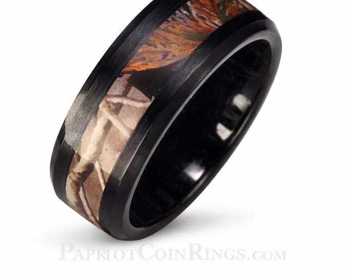 8mm Tan/Black Tungsten Carbide Camo Ring Camouflage Hunting Domed Comfort Fit Perfect for Christmas, Fathers Day or Birthday!  (Size 5-13)