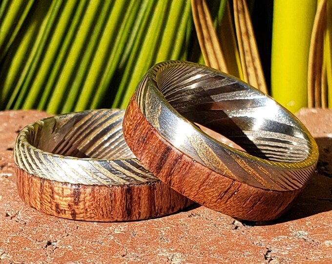 8mm Platinum and Silver w/ 14k Gold Vein Damascus & Wood Mens Wedding Ring Dome Wedding Band | Engagement | Sizes 6-15