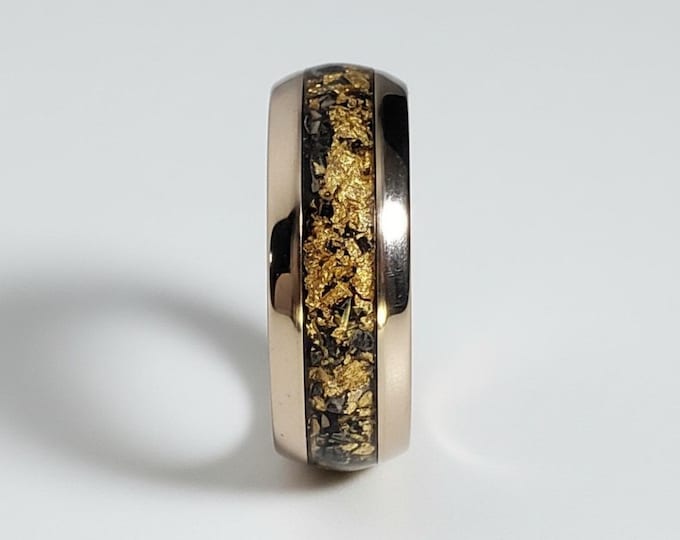 This ring was made specifically for Elyssia Young.  8mm Tungsten Steel in 14k Rose Gold with crushed Black Onyx and real 24k Gold Inlay!