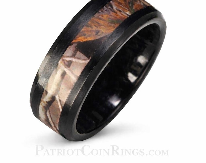 8mm Tan/Black Tungsten Carbide Camo Ring Camouflage Hunting Domed Comfort Fit Perfect for Christmas, Fathers Day or Birthday!  (Size 5-13)