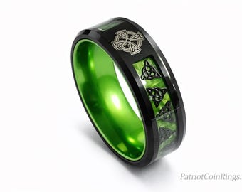 8mm CELTIC TRINITY Ring | Green Carbon Fiber Inlay with Black Trinity Knot Symbol overlay | Wedding Band, Engagement Ring   (US Sizes 6-16)